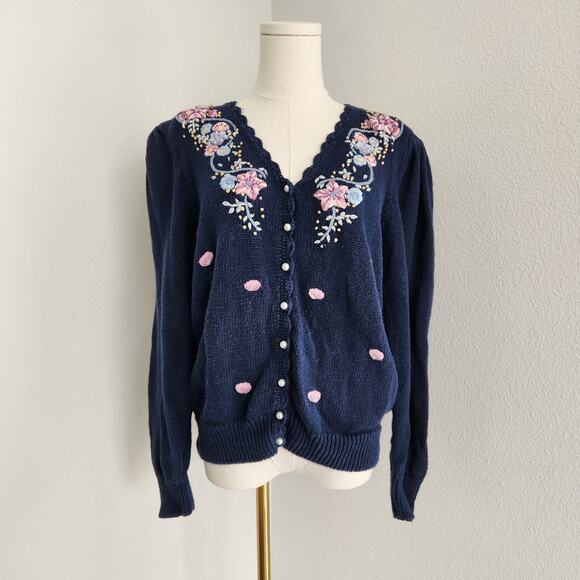 Vintage Huntington Ridge Blue Knit Floral Embroidered Grandmacore Cardigan S - Picture 1 of 8